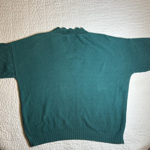 Vintage Teal Green V-Neck Short Sleeve Sweater Pointelle Trim Sleeve Knit XL - Picture 4 of 7